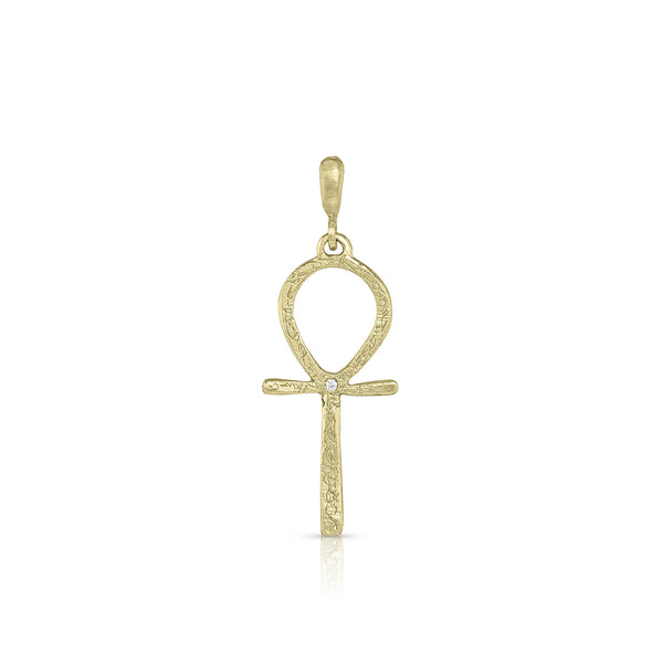 Dominique Cohen intricately etched, diamond-kissed Ankh key of life enhancer, small size, on hinged bail, in 18k yellow gold <span class='visuallyhidden'>Call or text 323-404-2959 if you need shopping assistance.</span>